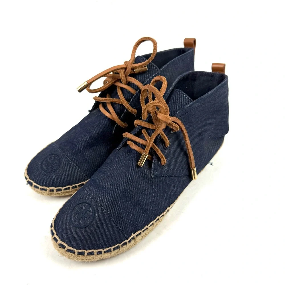 Tory Burch High‎ Top Denim Espadrille Shoes 8 Lace Up Bootie Womens Designer